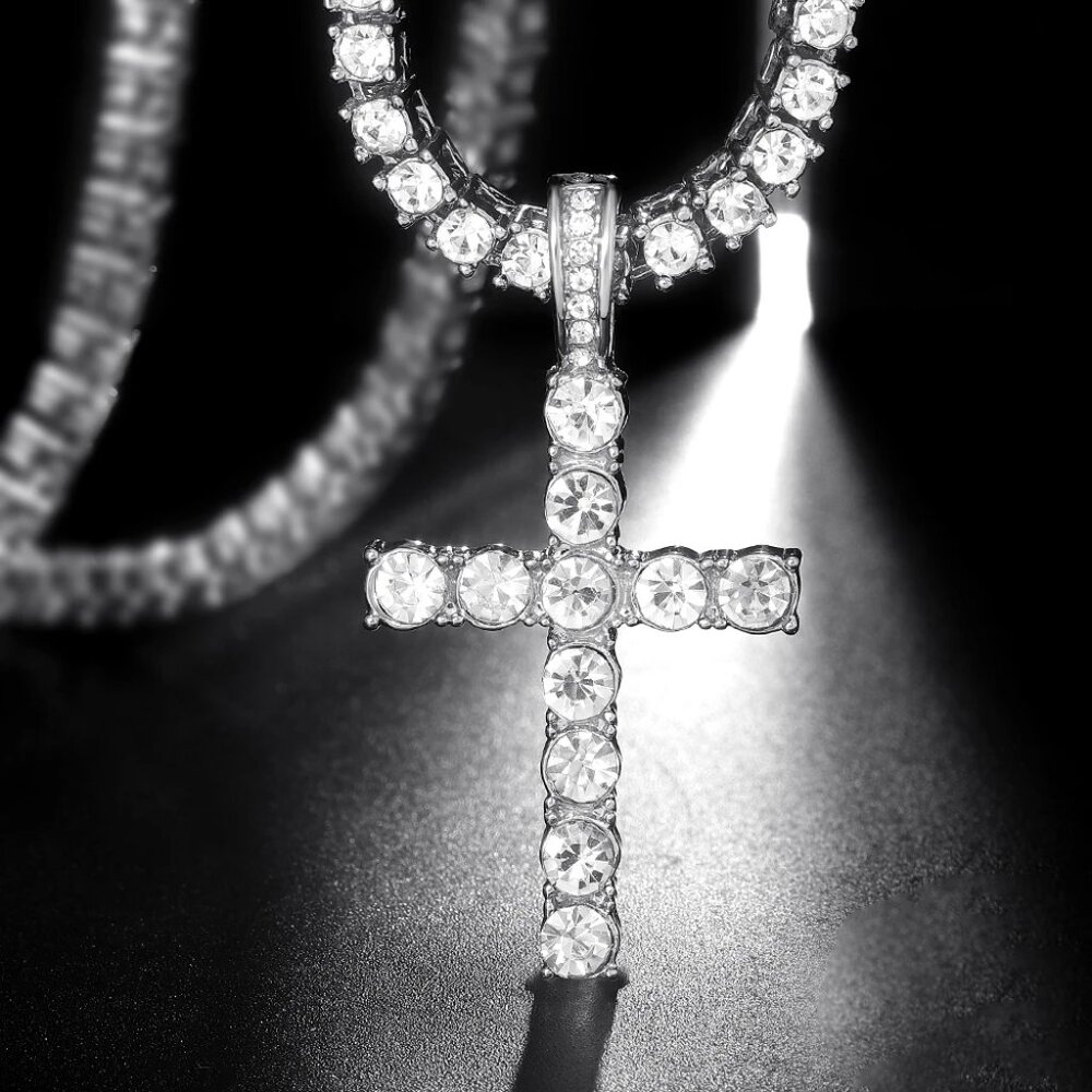 ⭐ 2PC 24" Diamond Hip Hop Necklace and Cross Pendant With 4mm Diamonds ⭐ - Picture 5 of 11